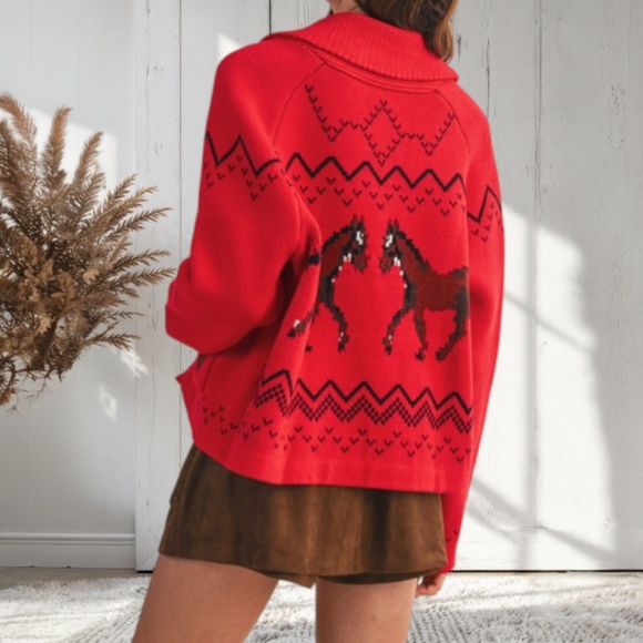 Red Horse Western Knit Shawl Collar Relaxed Fit Cardigan Sweater Fall Winter - Picture 1 of 2